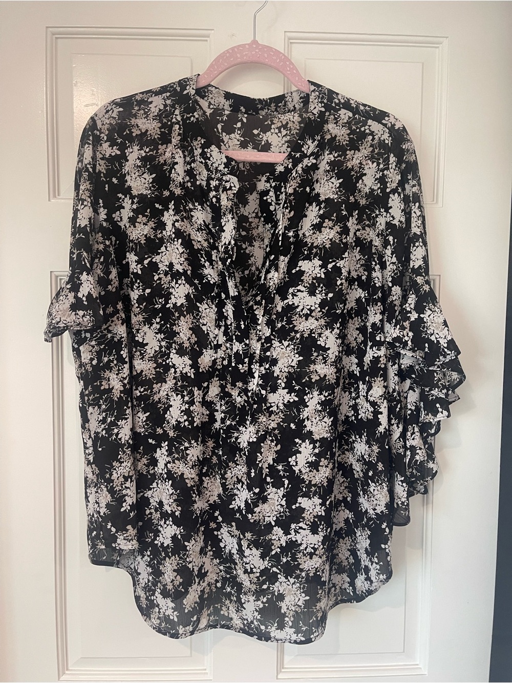 Black and White Floral Ruffle Sleeve Blouse - Women's Top